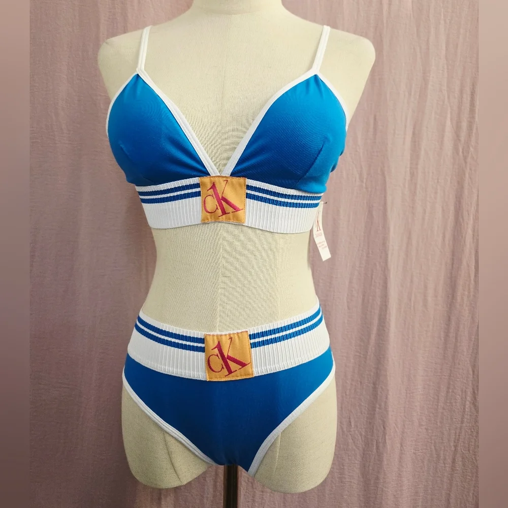 Calvin Klein Women's Retro Colorblock Bralette & Bikini Set- Vibrant Blue-Medium - Picture 2 of 8